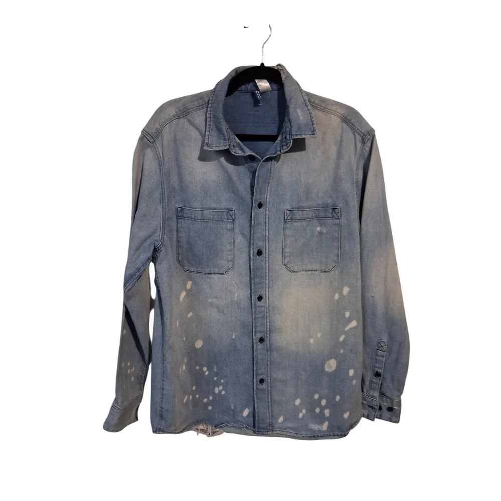 H&M Divided Thrashed Distressed Mens size Medium Grunge‎ Prep Denim Button Shirt